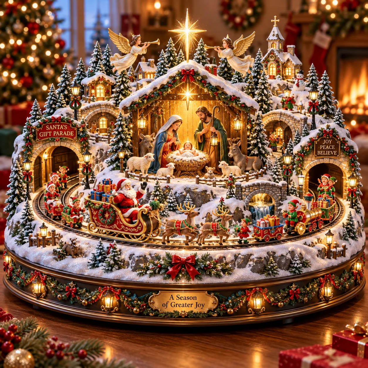 Illuminated Nativity scene with Mary, Joseph, baby Jesus, angels, Santa's sleigh and a snowy Christmas village