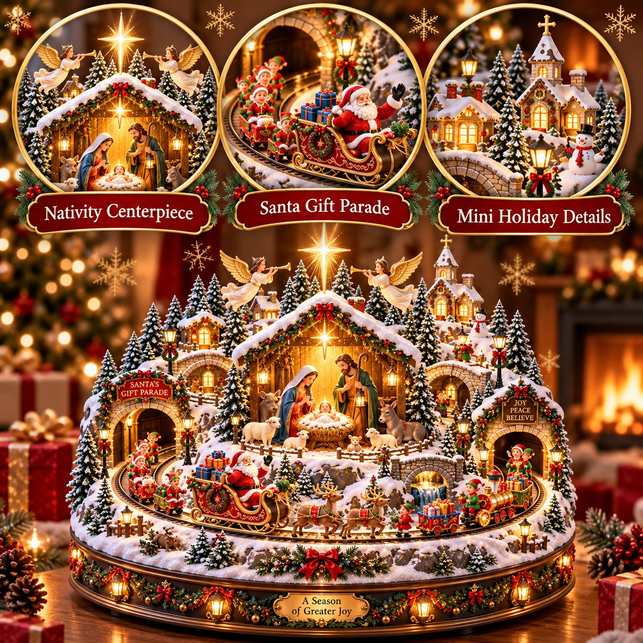 Product detail collage highlighting the Nativity centerpiece, Santa's gift parade and miniature snowy holiday village