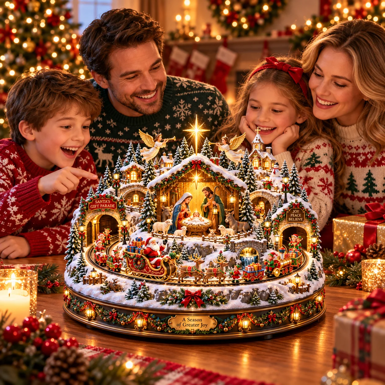 Family smiling together around an illuminated Nativity and Santa's Christmas Parade holiday village