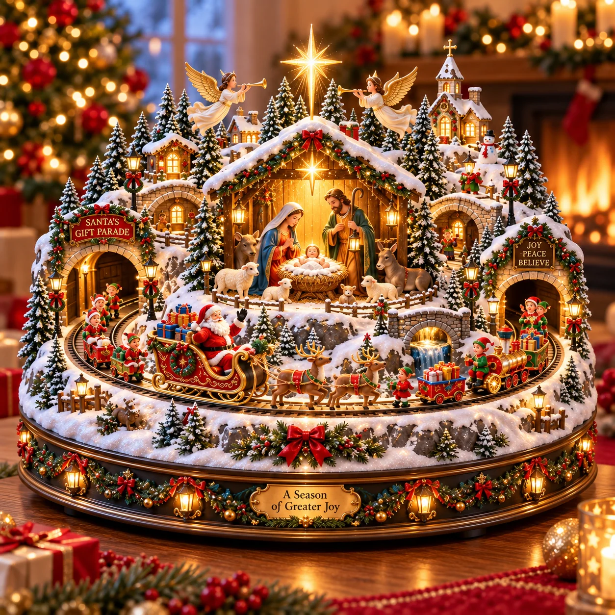Christmas village showing Santa Claus in a gift-filled sleigh, reindeer, elves and festive snowy buildings