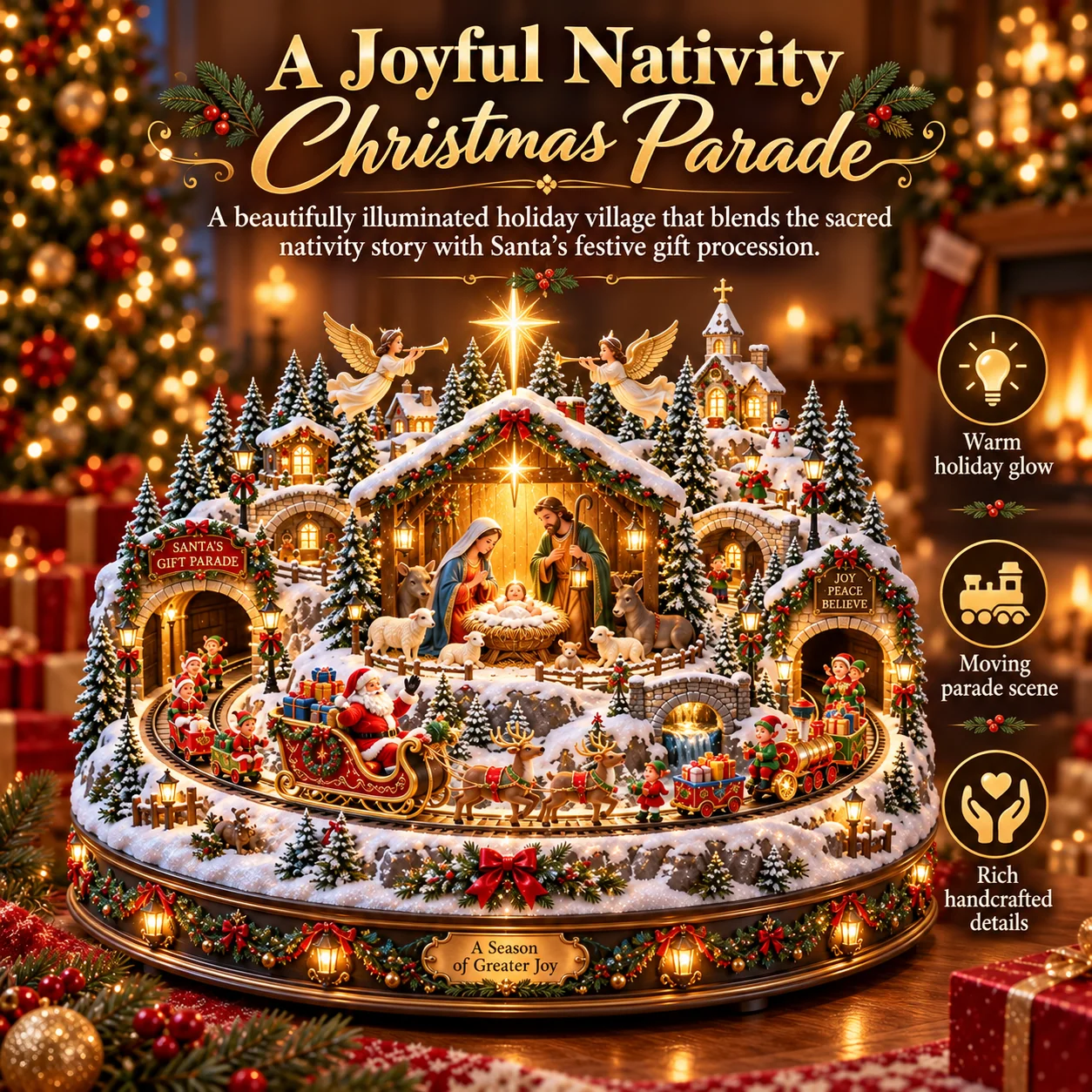 Nativity Christmas village with festive lighting and a warm seasonal atmosphere