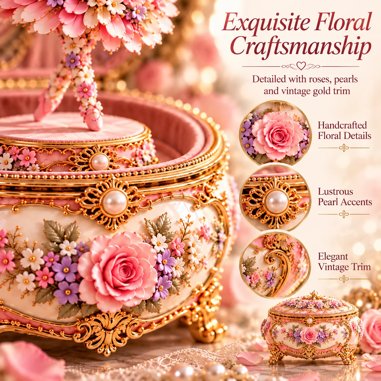 Floral craftsmanship close up on ballerina music box