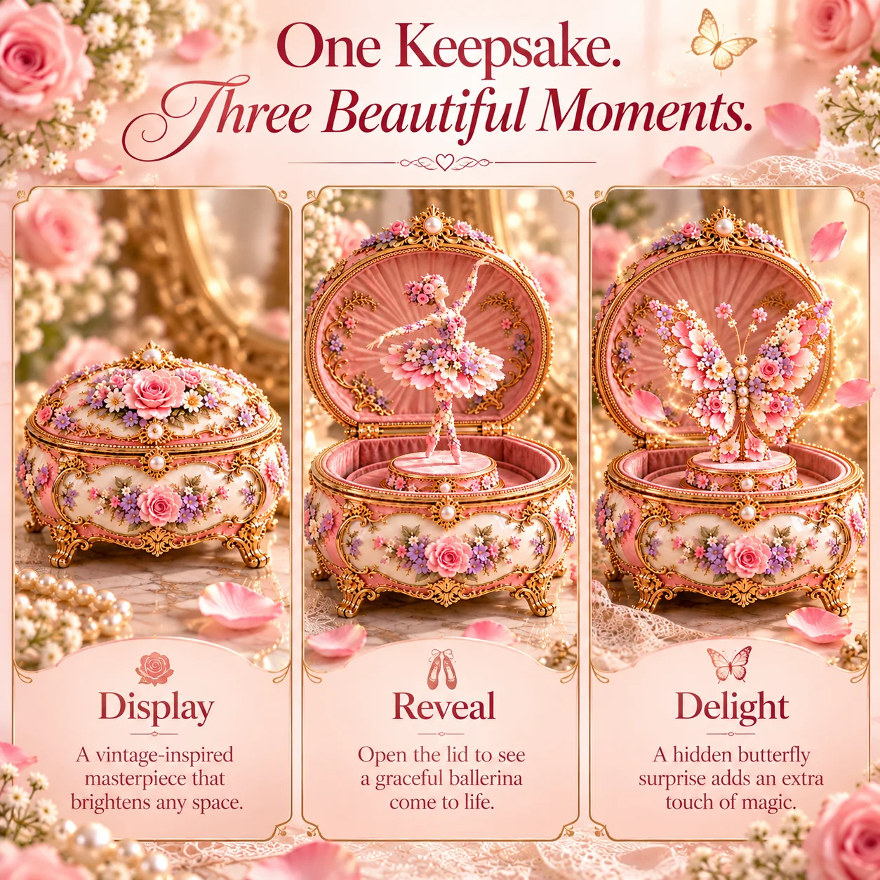 Three stages of floral ballerina keepsake box
