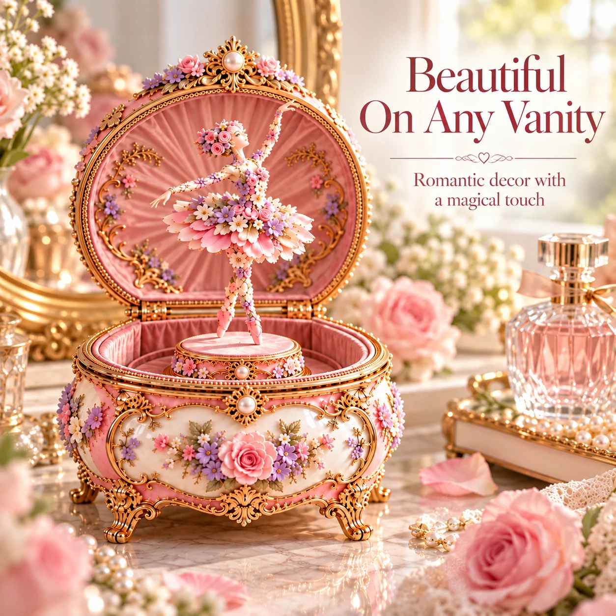 Ballerina music box displayed on vanity