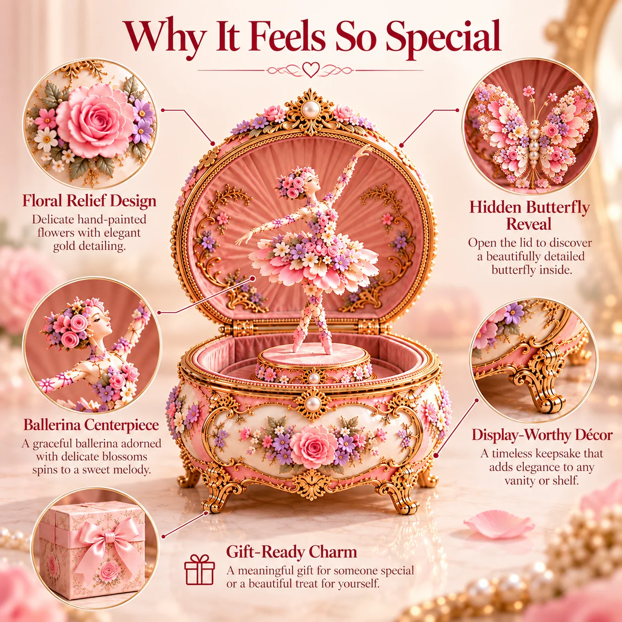 Floral ballerina music box feature overview