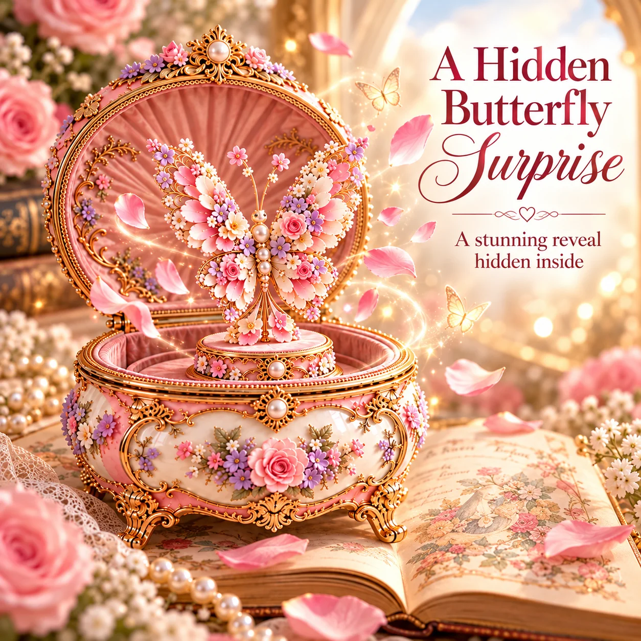 Hidden floral butterfly surprise inside music box