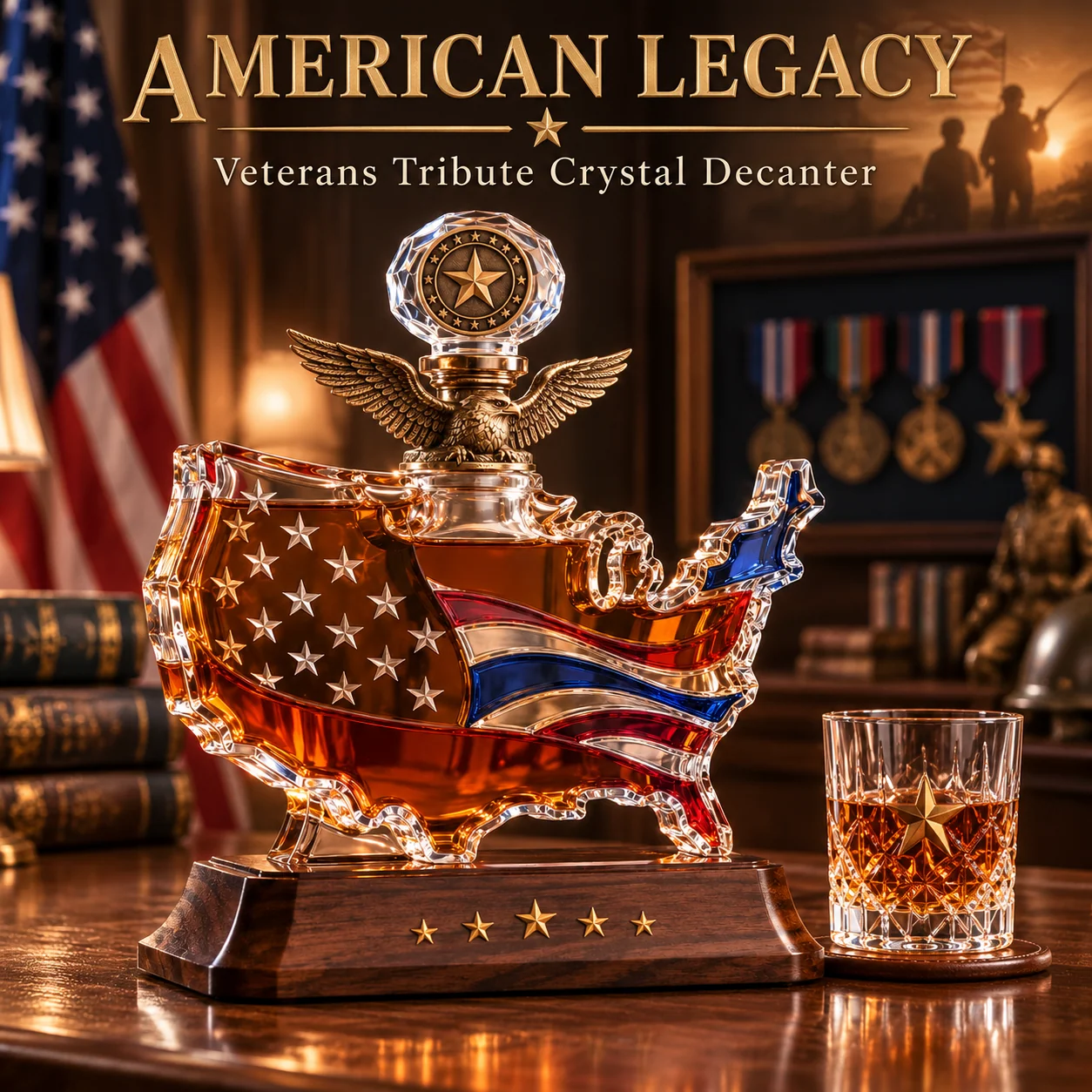 American Legacy Veterans Tribute crystal decanter with patriotic stars and stripes, eagle stopper and wooden display base