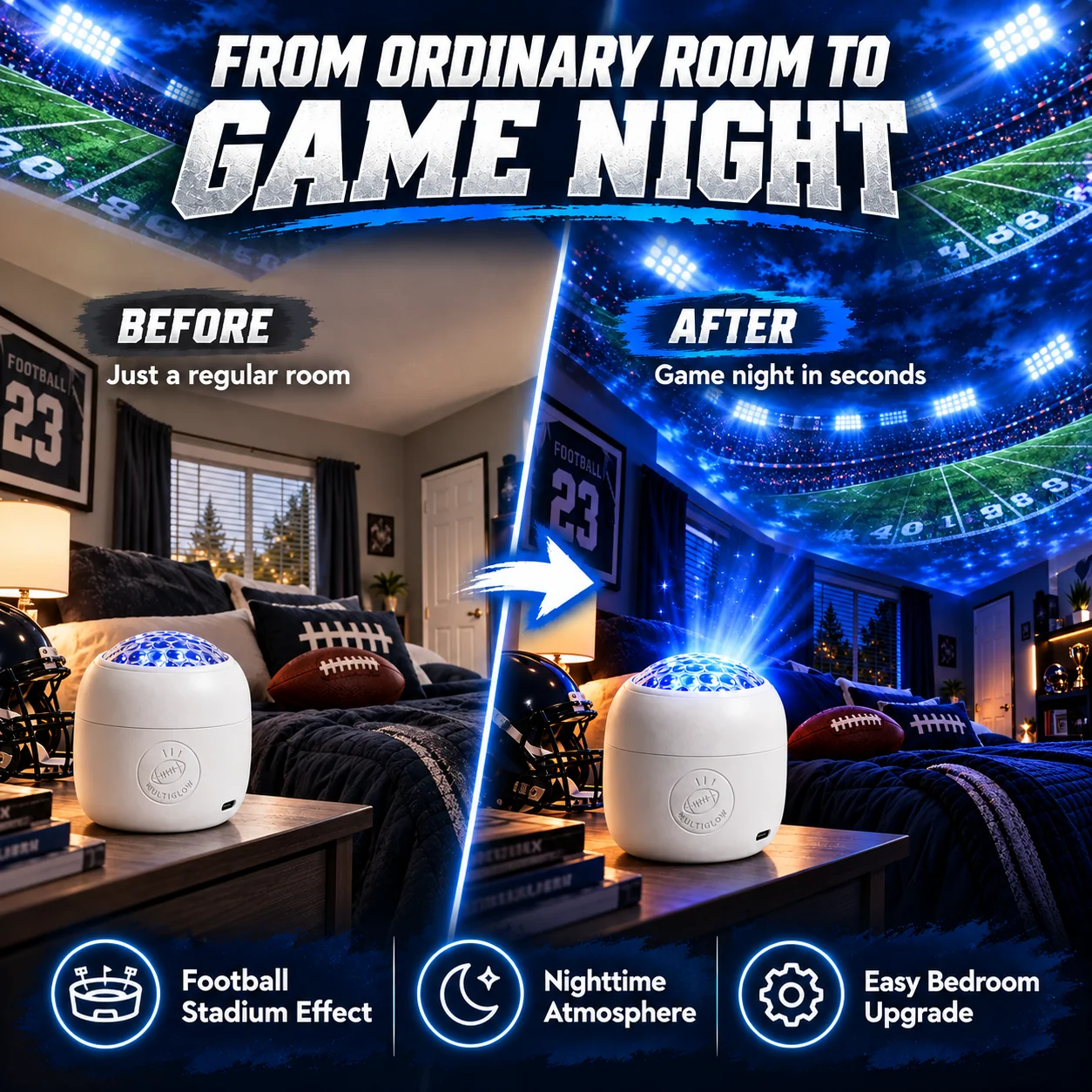 Football projector before and after bedroom
