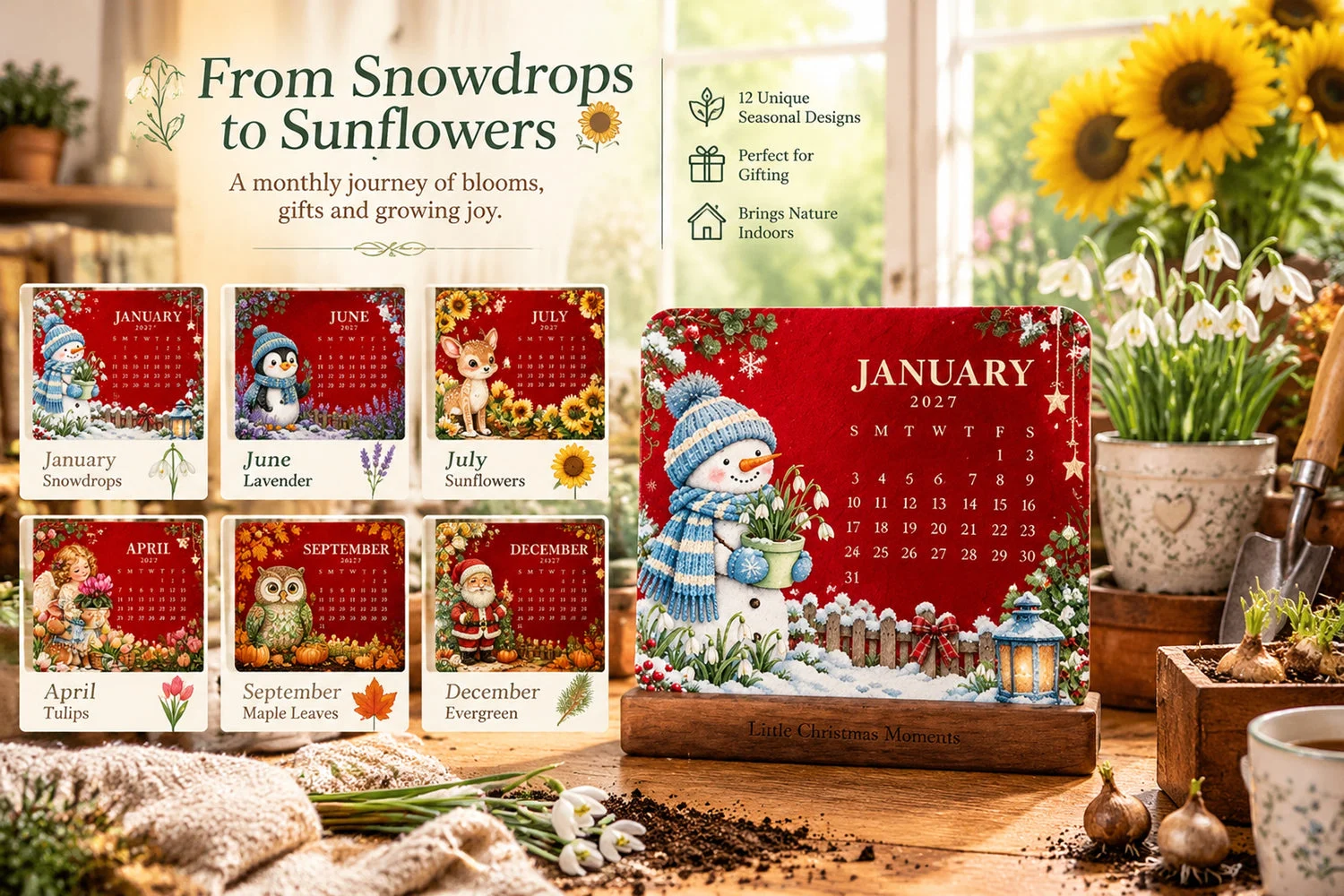 Botanical calendar card with seasonal flower artwork