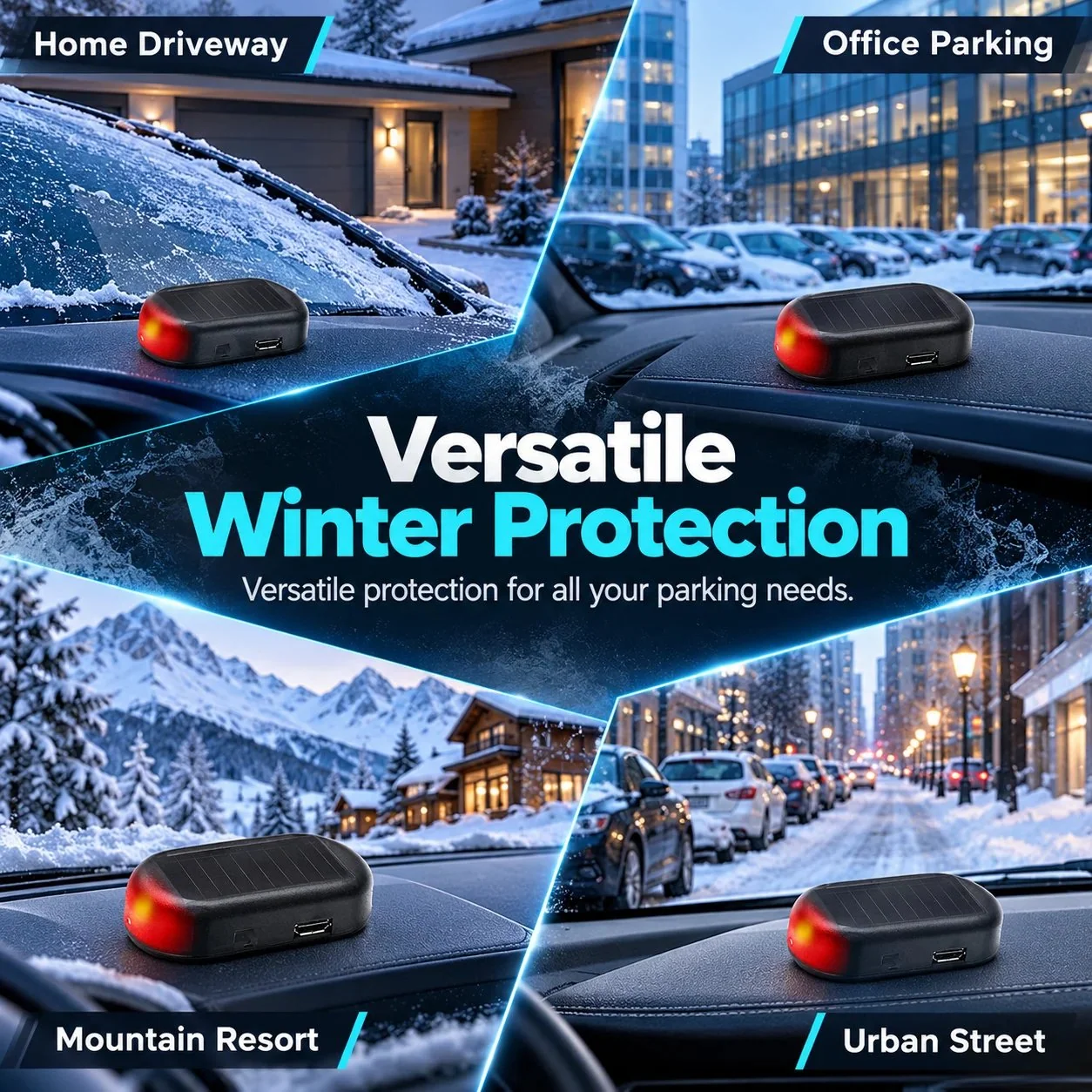 Winter vehicle accessory shown in different cold-weather parking situations
