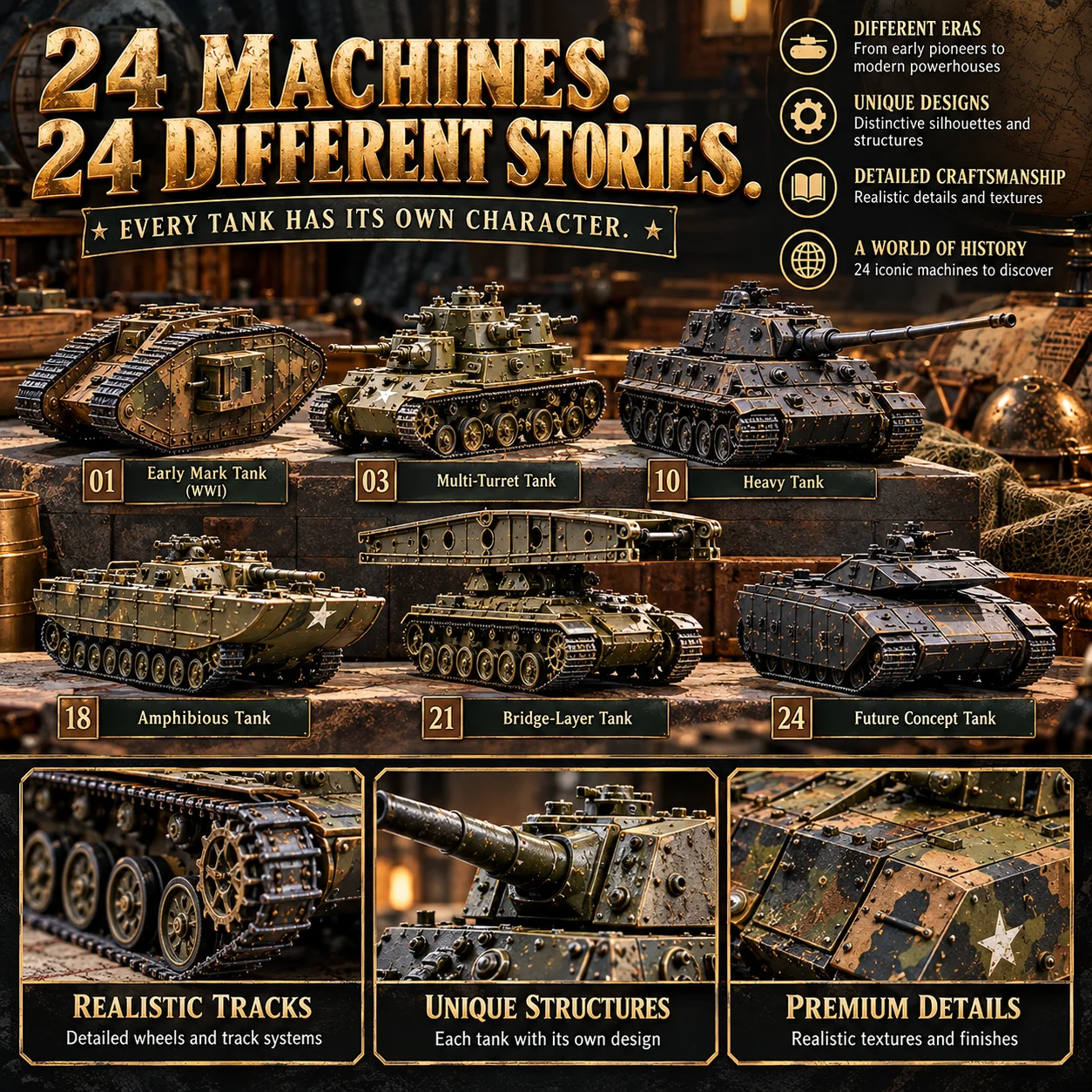 24 different tank designs and mechanical details