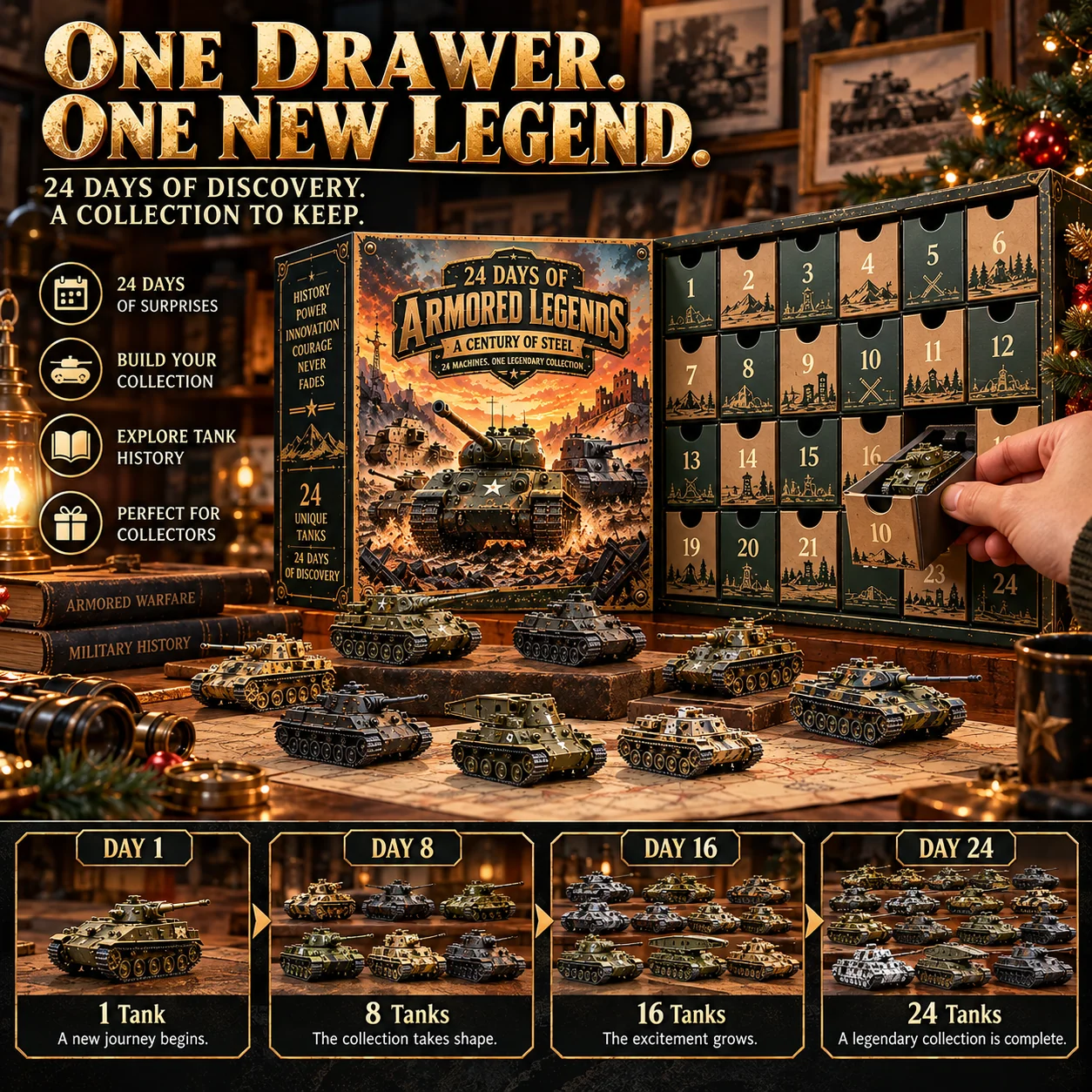 Tank advent calendar with 24 numbered drawers