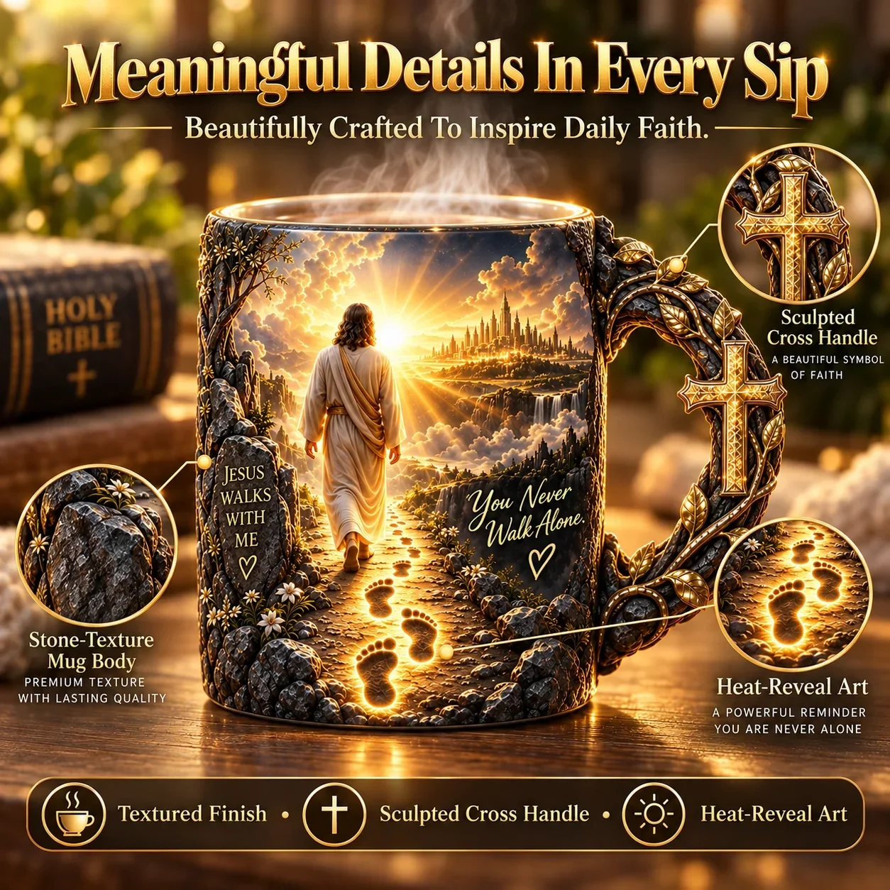 Close-up of the Jesus faith mug artwork, decorative handle and textured appearance