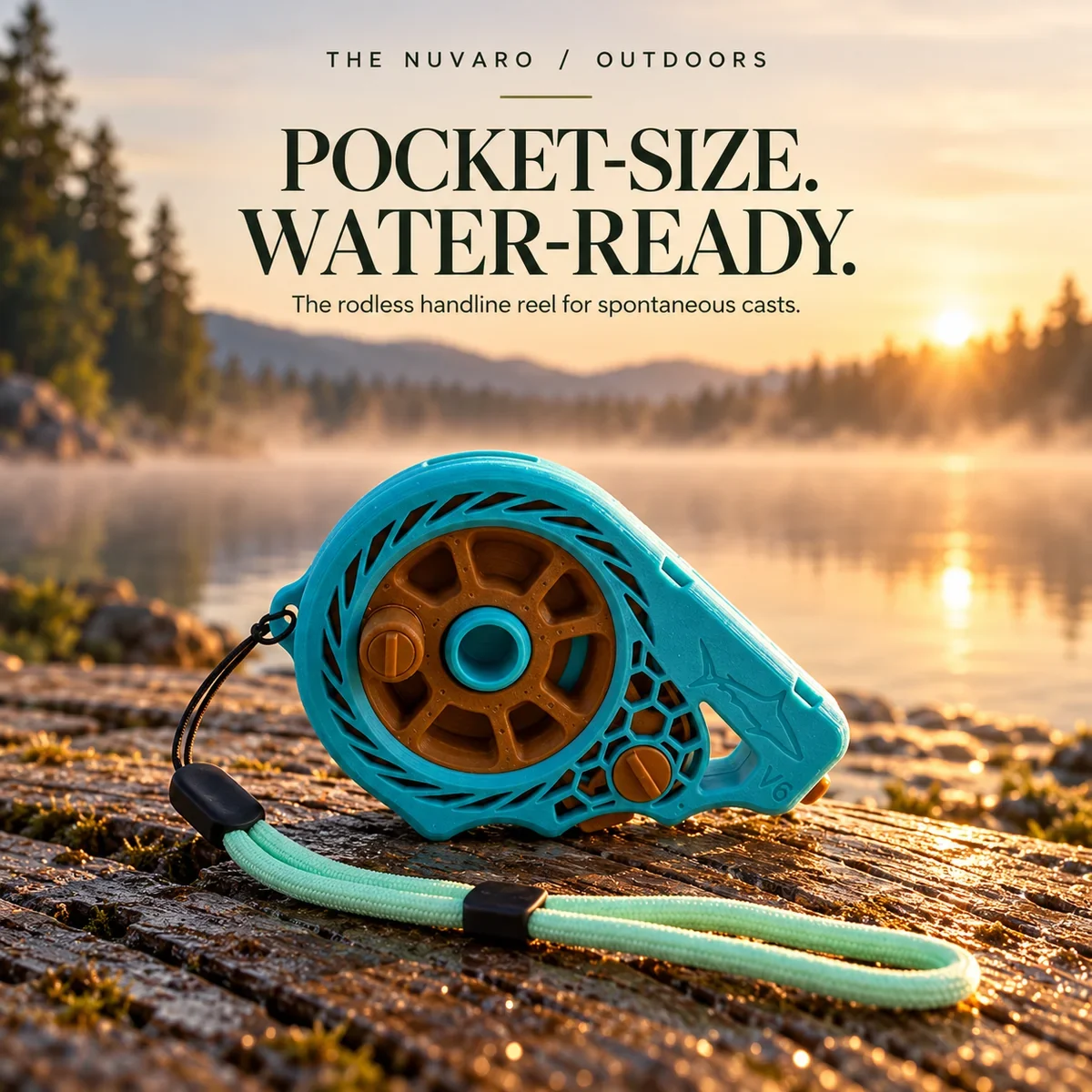 Turquoise pocket handline reel beside a lake at sunrise