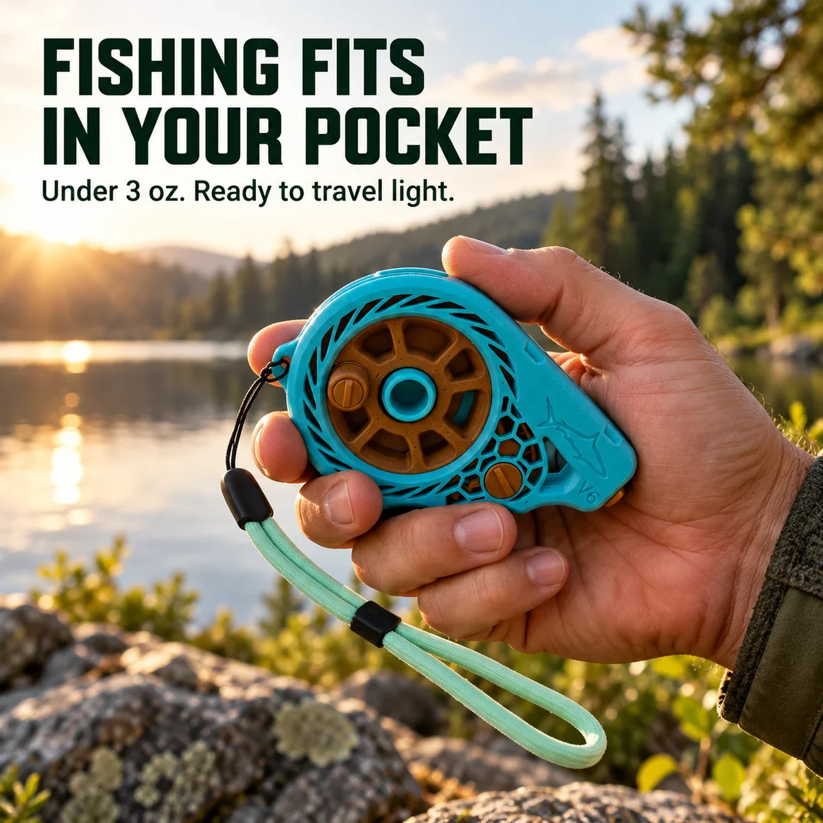 Hand holding turquoise pocket reel near the water