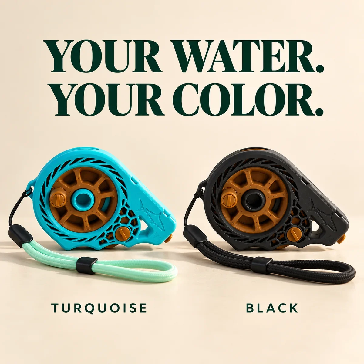 Turquoise and black pocket fishing reel color options