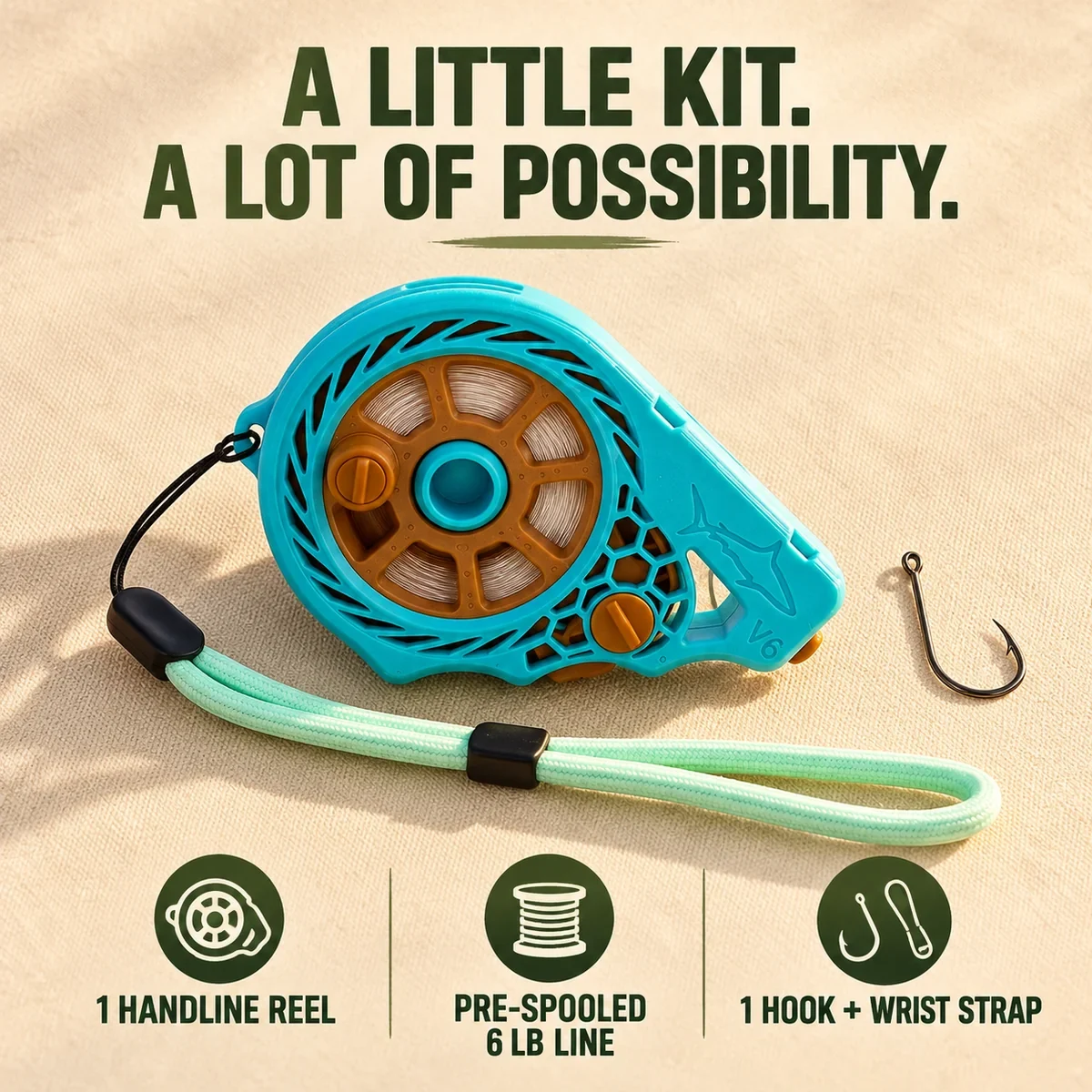 Pocket reel with pre-spooled line, hook and wrist strap