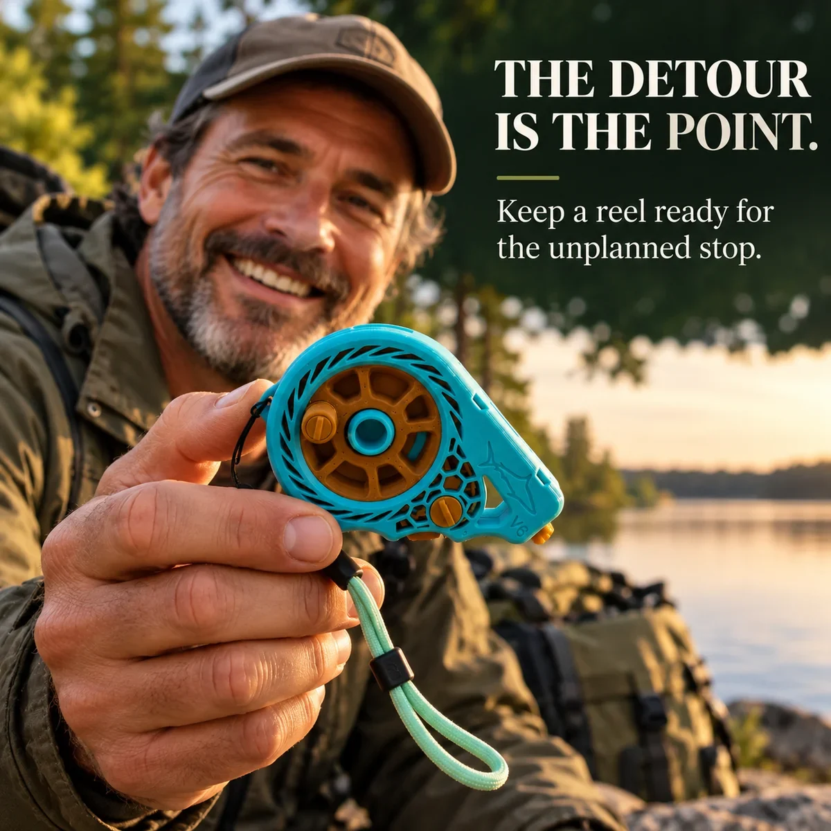 Outdoorsman holding a compact pocket reel at the lakeside