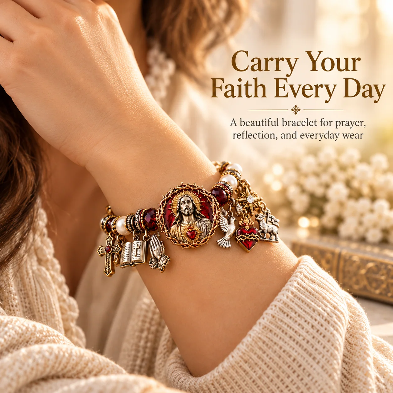 Jesus Sacred Heart bracelet worn on the wrist in a warm lifestyle setting