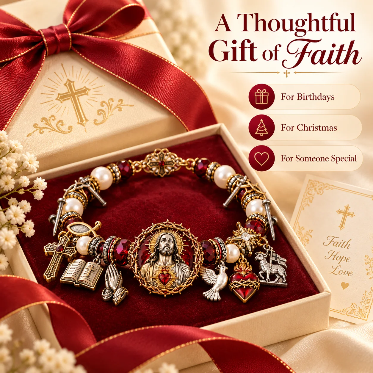 Christian symbols on the bracelet including the cross, open Bible, praying hands, dove and lamb
