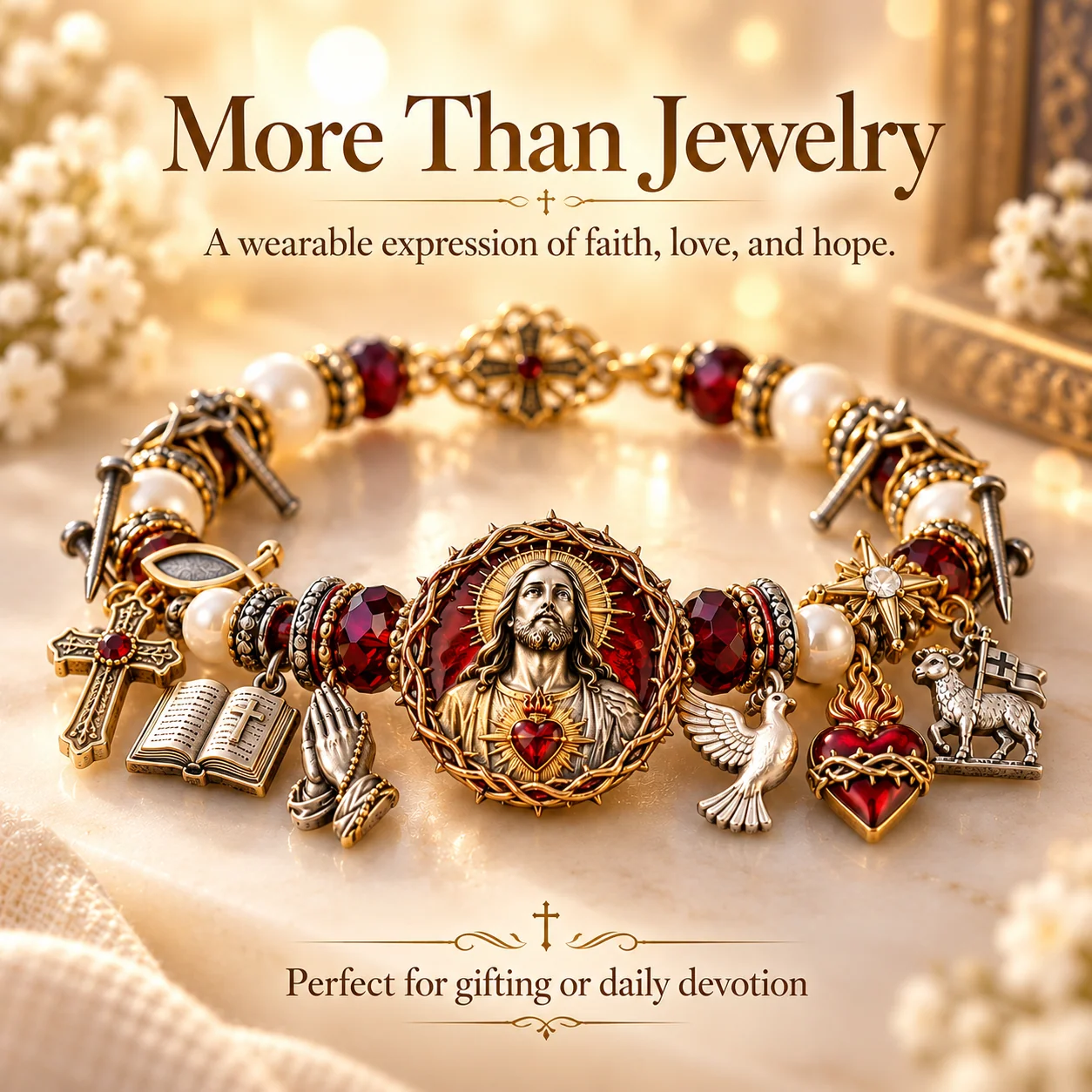 Jesus Sacred Heart Faith Bracelet with Christian charms, ruby red accents and pearl-like beads