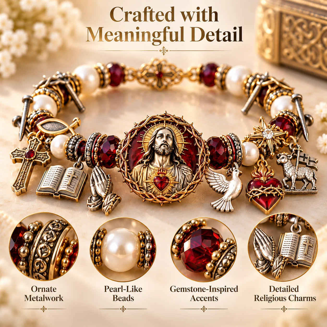 Close-up details of the Jesus bracelet, Sacred Heart centerpiece and decorative beads
