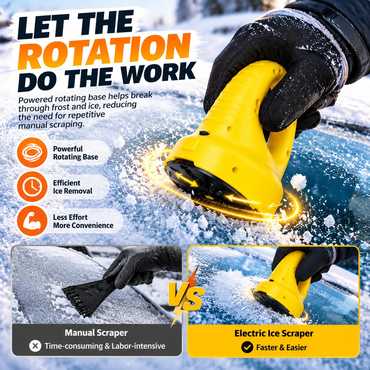 Electric ice scraper rotating base and ice removal design