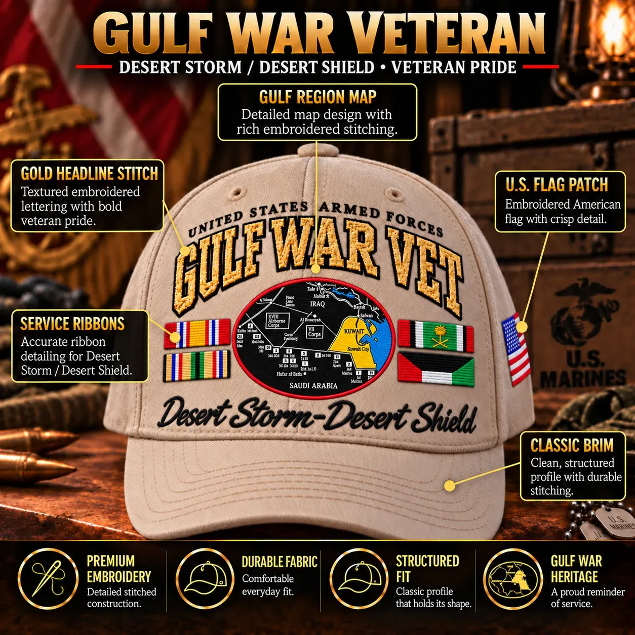 Close-up of embroidered GULF WAR VETERAN lettering and service ribbon details on the cap
