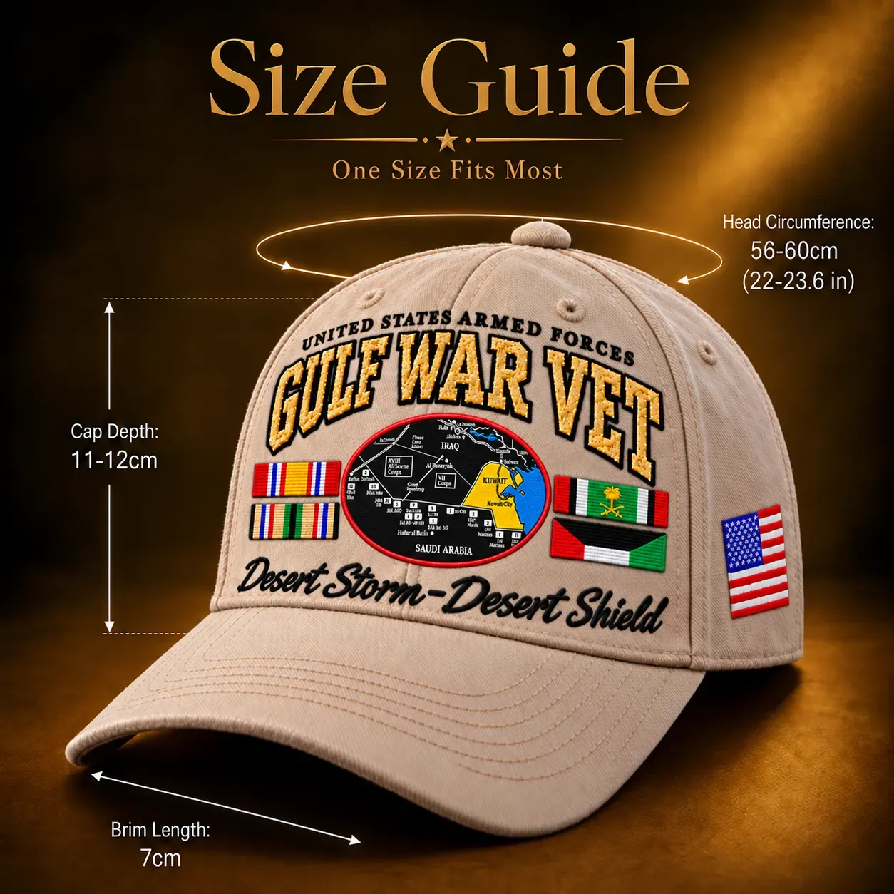 Gulf War Veteran cap product details showing structured crown, curved brim and embroidery