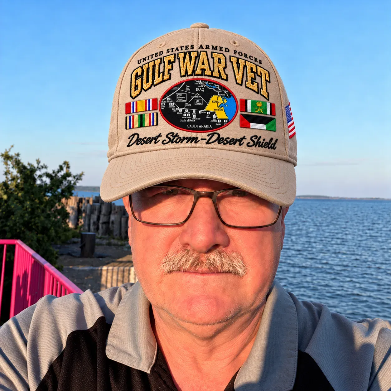 Gulf War Veteran cap paired with casual everyday outfit