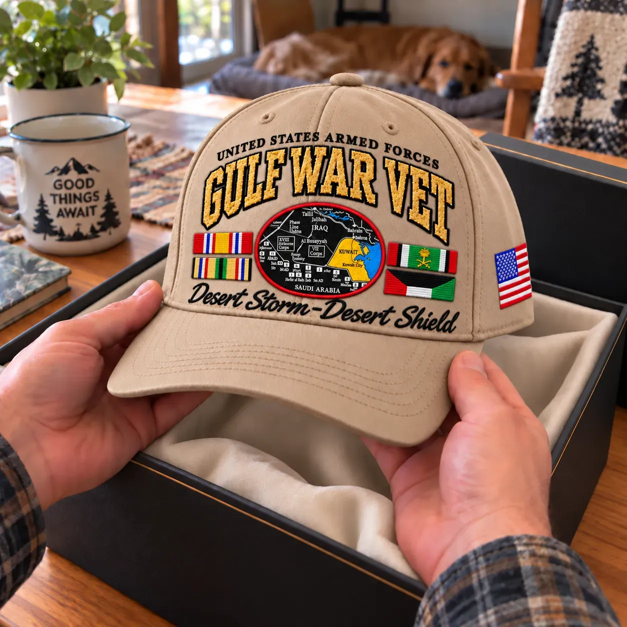 Gulf War Veteran embroidered cap with military branch insignia and service ribbon details