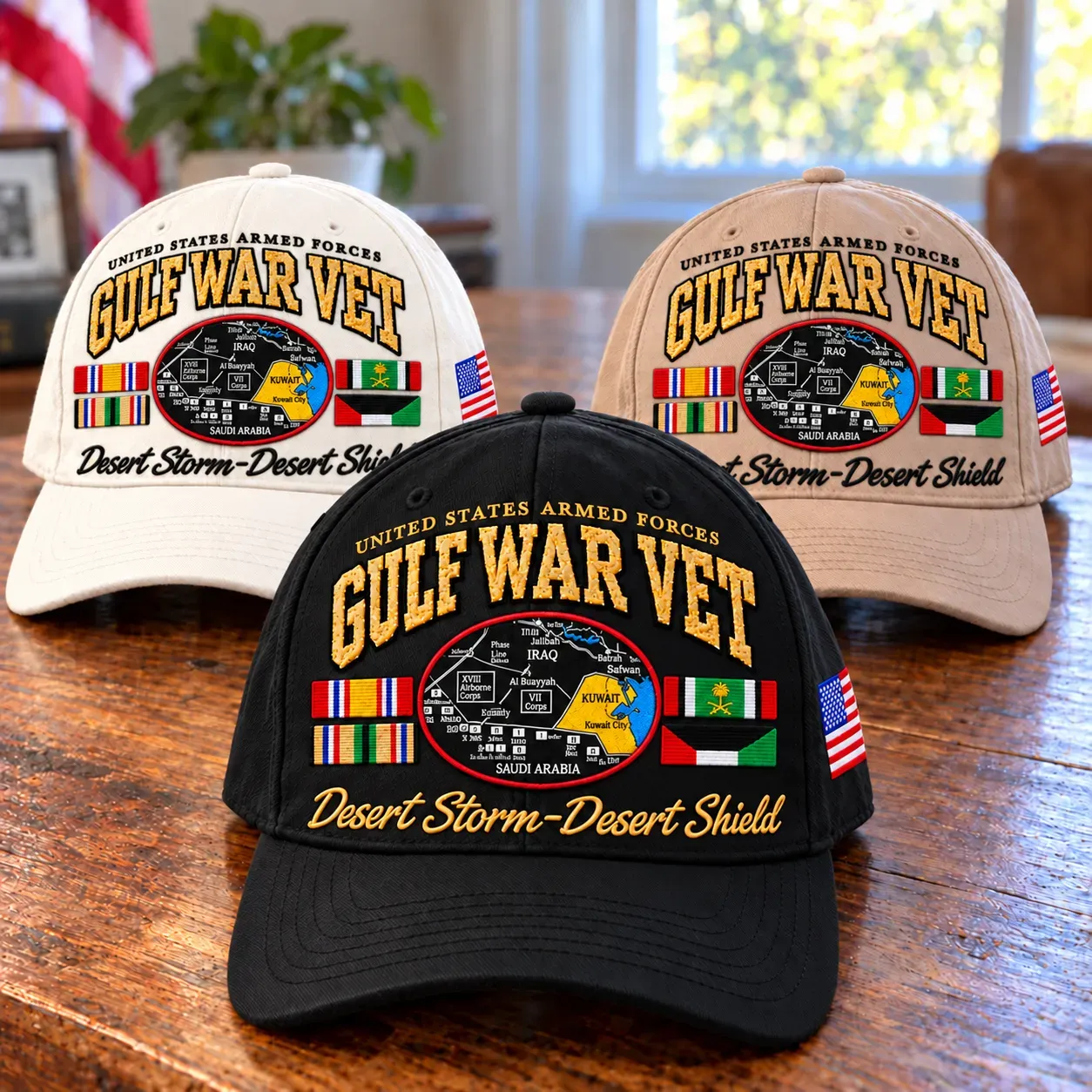 Gulf War Veteran cap collection featuring Army, Marine Corps, Navy, Air Force and Coast Guard versions