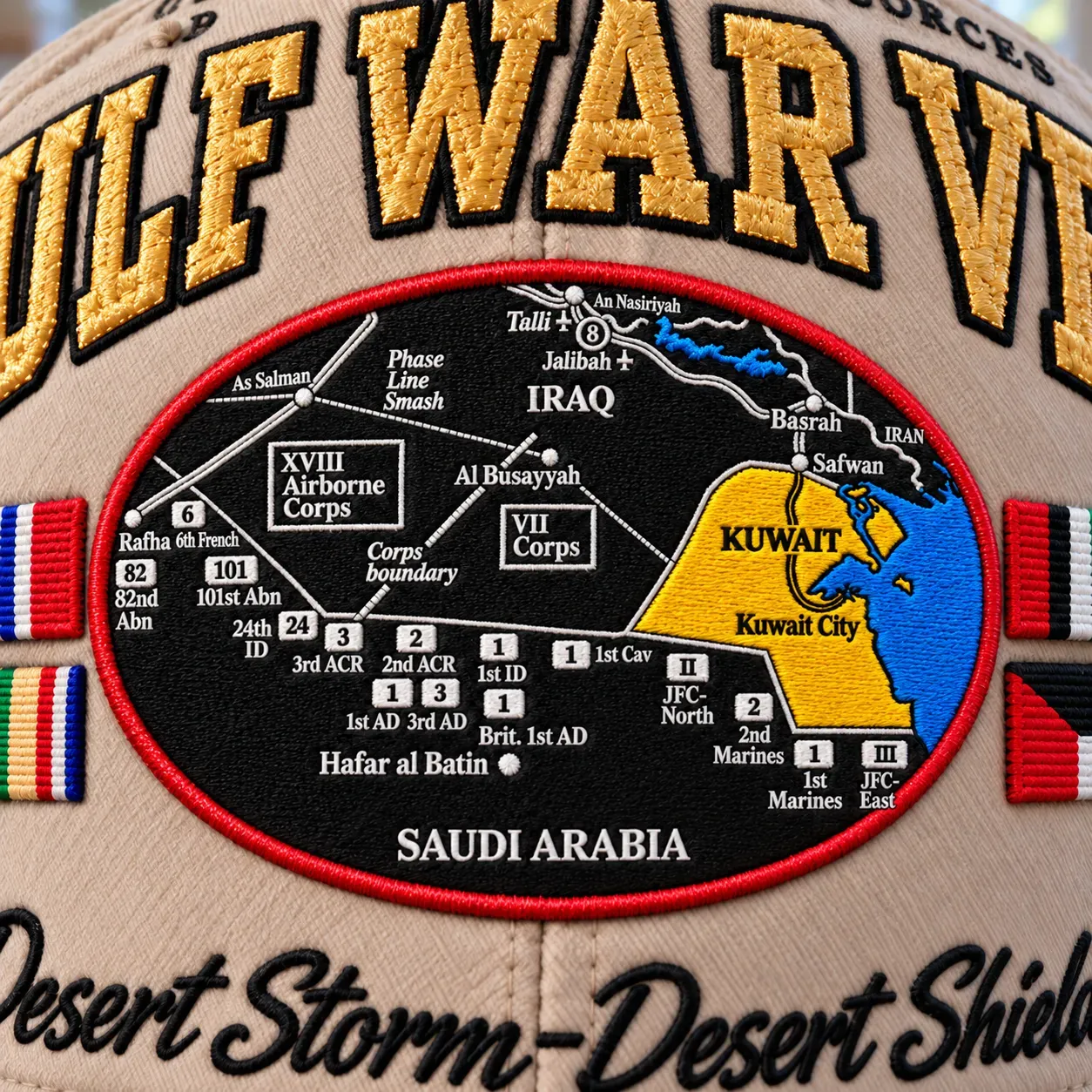 Desert Storm battlefield map embroidered on the veteran cap showing XVIII Airborne Corps, VII Corps and Marine Divisions