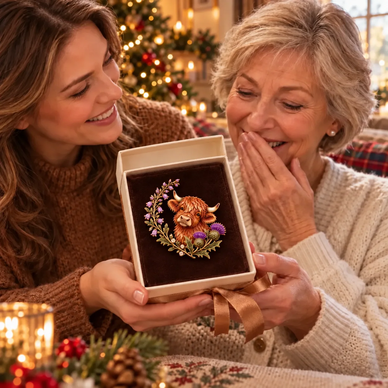 A woman presenting a Highland cow brooch to her mother at Christmas