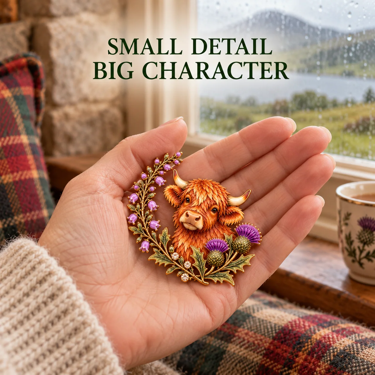 Close-up of the brooch showing layered Highland cow hair, purple flowers and gold-tone detailing
