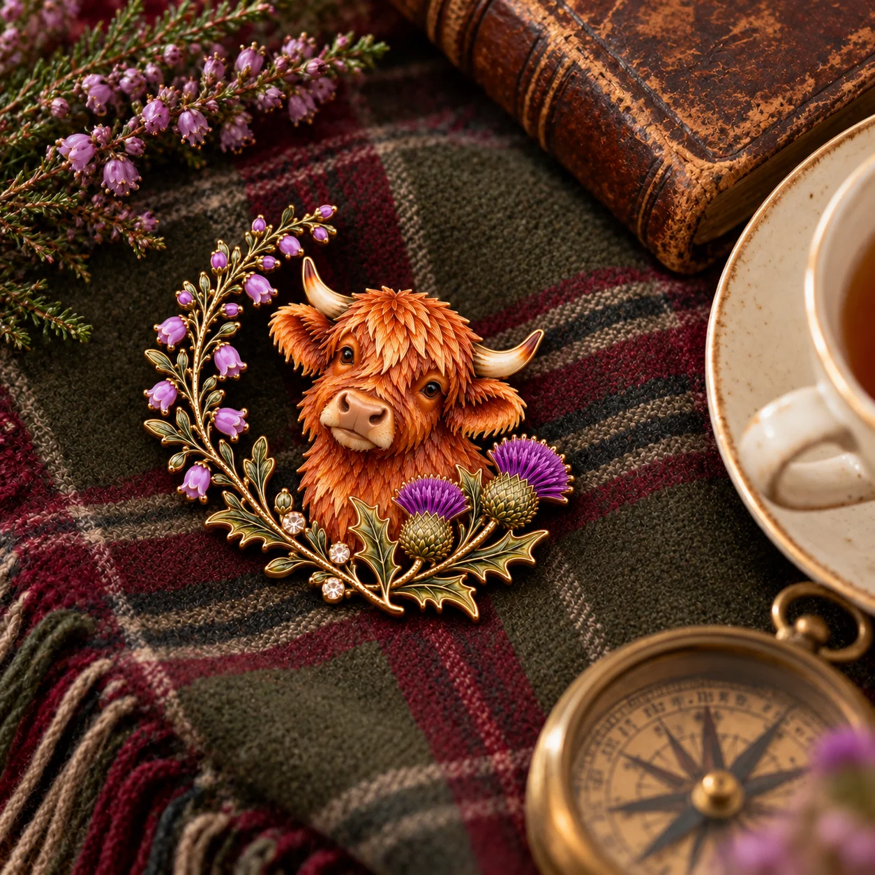 Highland cow and thistle brooch styled on green and burgundy tartan fabric