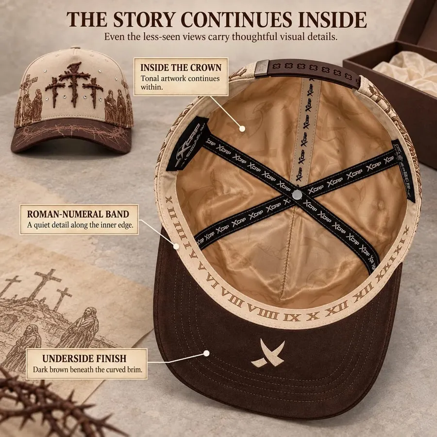 Inside view of the Viacrucis cap showing crown artwork, inner band and underside brim detail