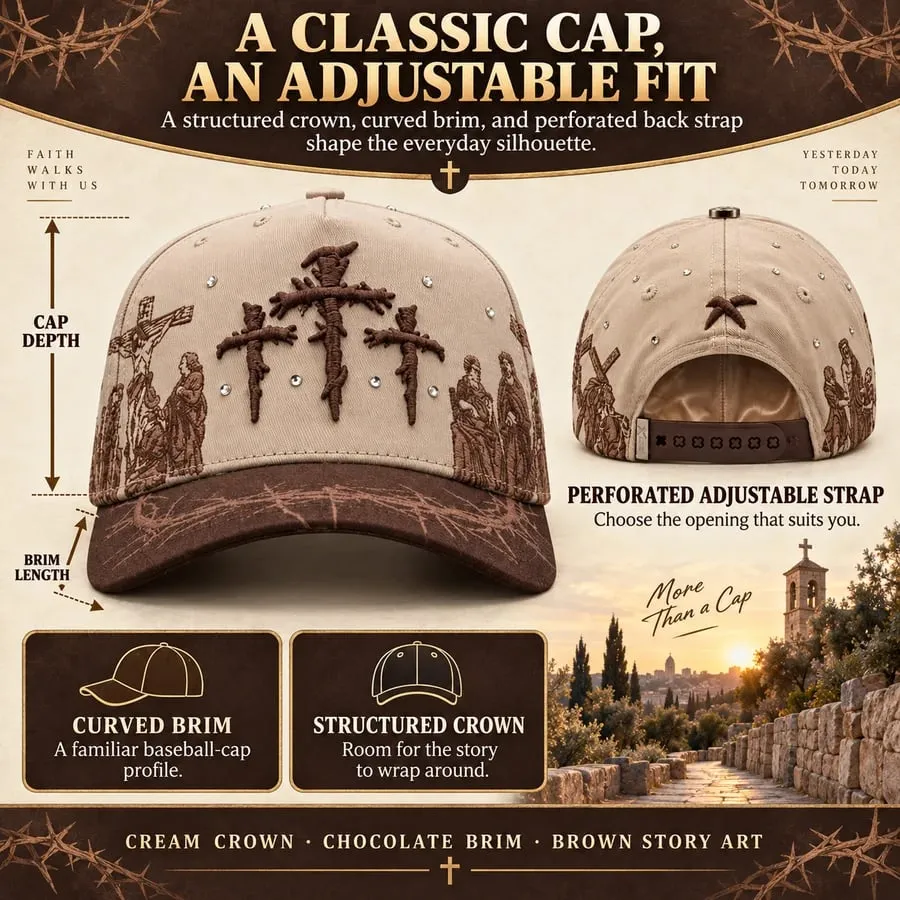 Cap information graphic showing the curved brim, structured crown, adjustable back strap and cream and brown color placement