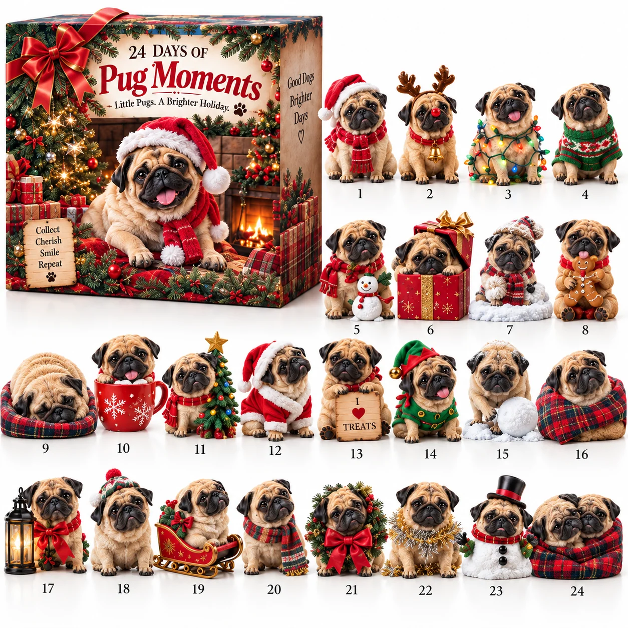 24 Days of Pug Moments 24 unique Pug collectible figurines