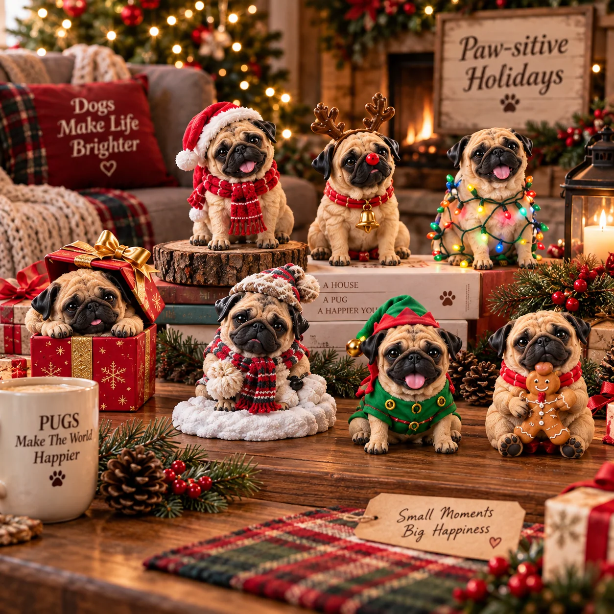 Pug collectible figurines displayed around the home