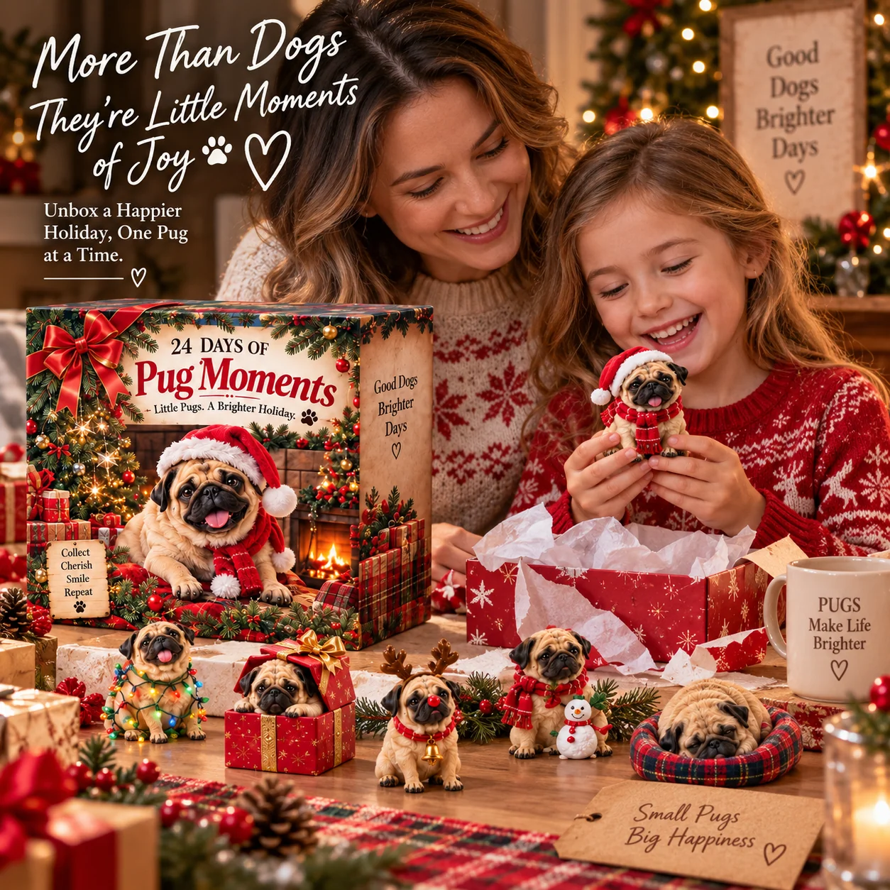 Family opening the Pug Moments collection