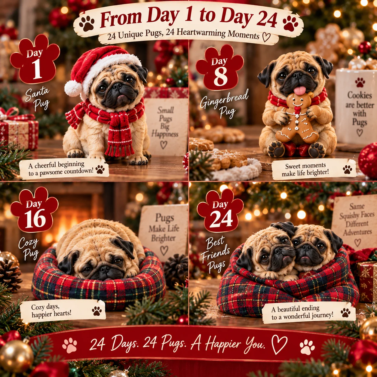 Pug collection shown from Day 1 through Day 24