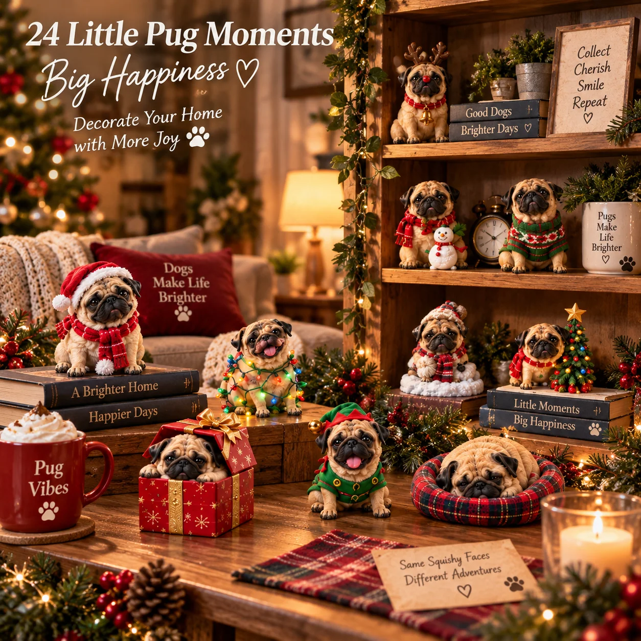 Pug figurines displayed on a table and bookshelf