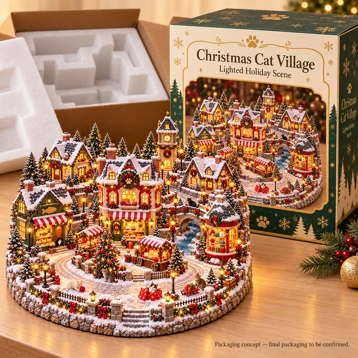 Christmas cat village shown beside its illustrated packaging presentation