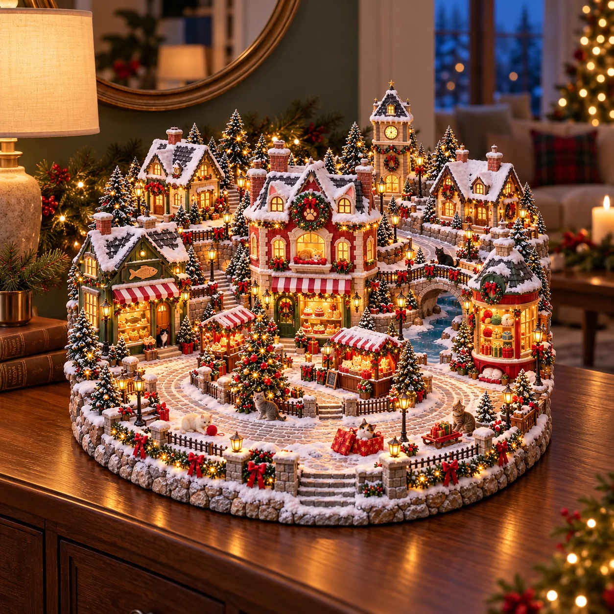 Christmas cat village glowing warmly on a wooden console during a cozy evening