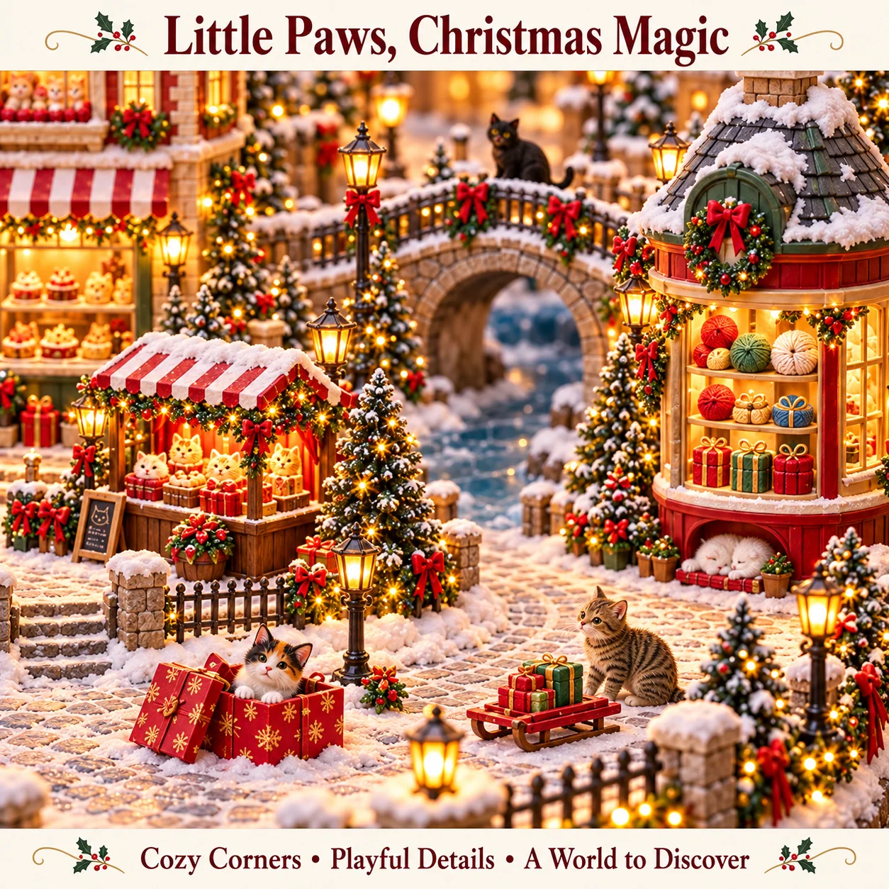 Close-up of a tabby beside a present-filled sled, a cat on the bridge, and a sleeping cat beneath a shop window