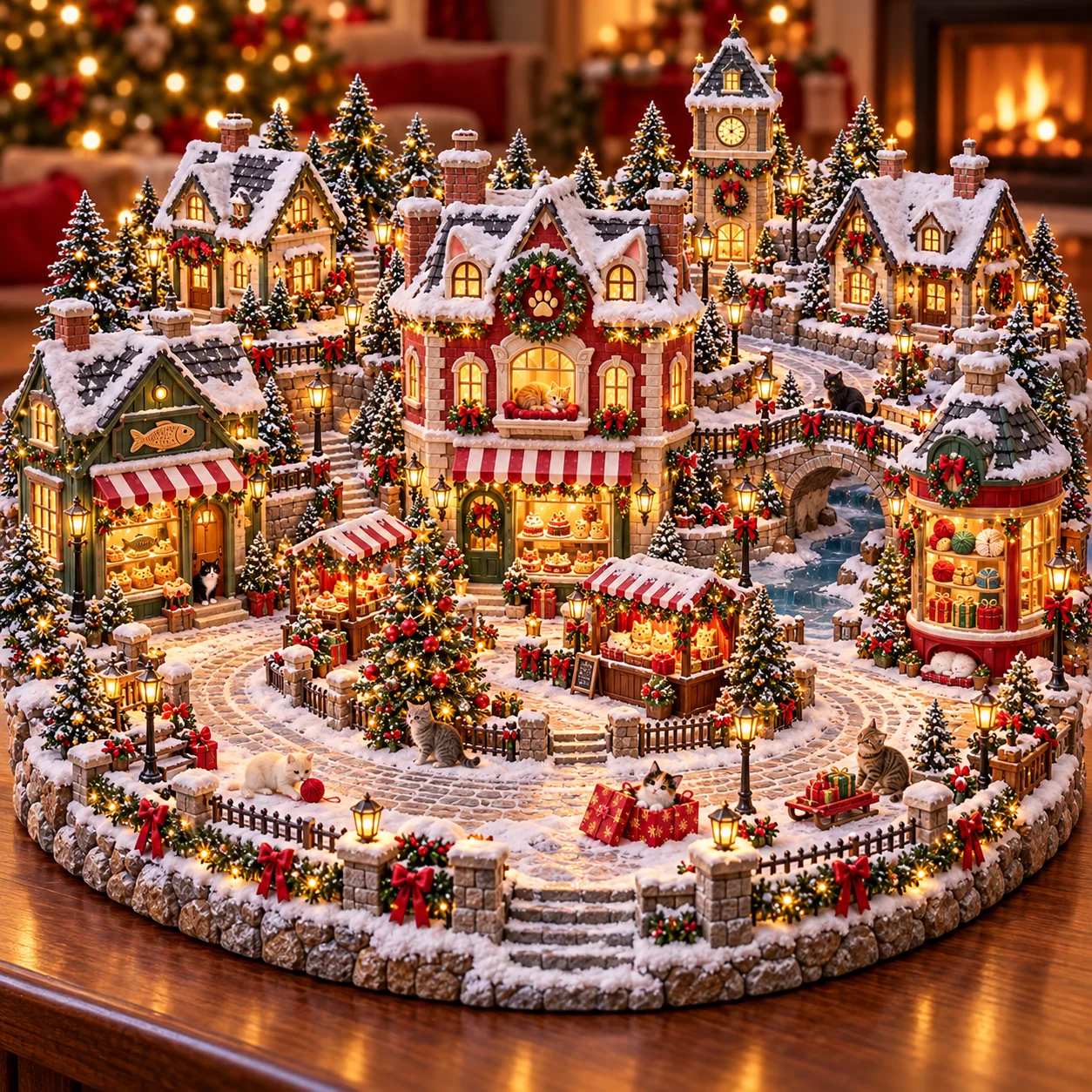 Lighted Christmas cat village with snowy rooftops, a clock tower, festive shops, and miniature cats