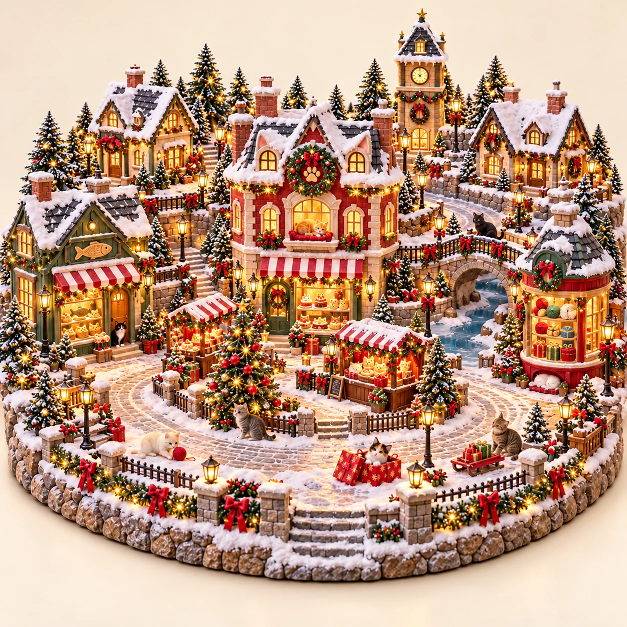 Full Christmas cat village showing tiered buildings, a town square, bridge, trees, and snowy steps