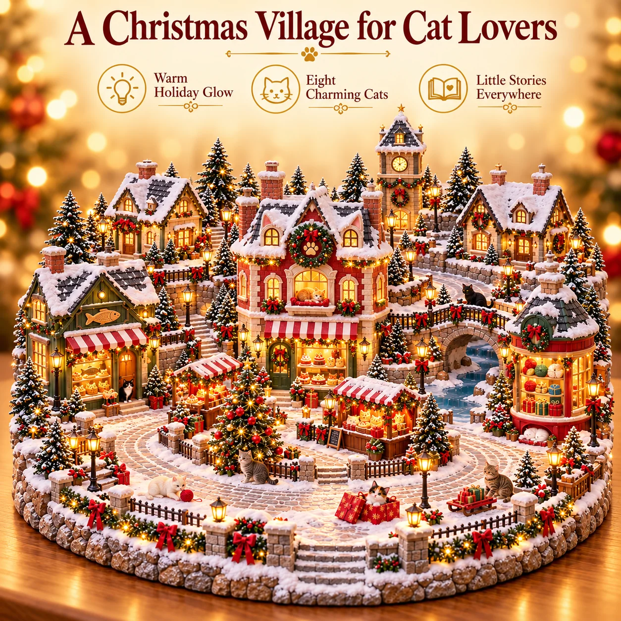 Christmas cat village presented as a complete holiday centerpiece with warm lights and miniature cats