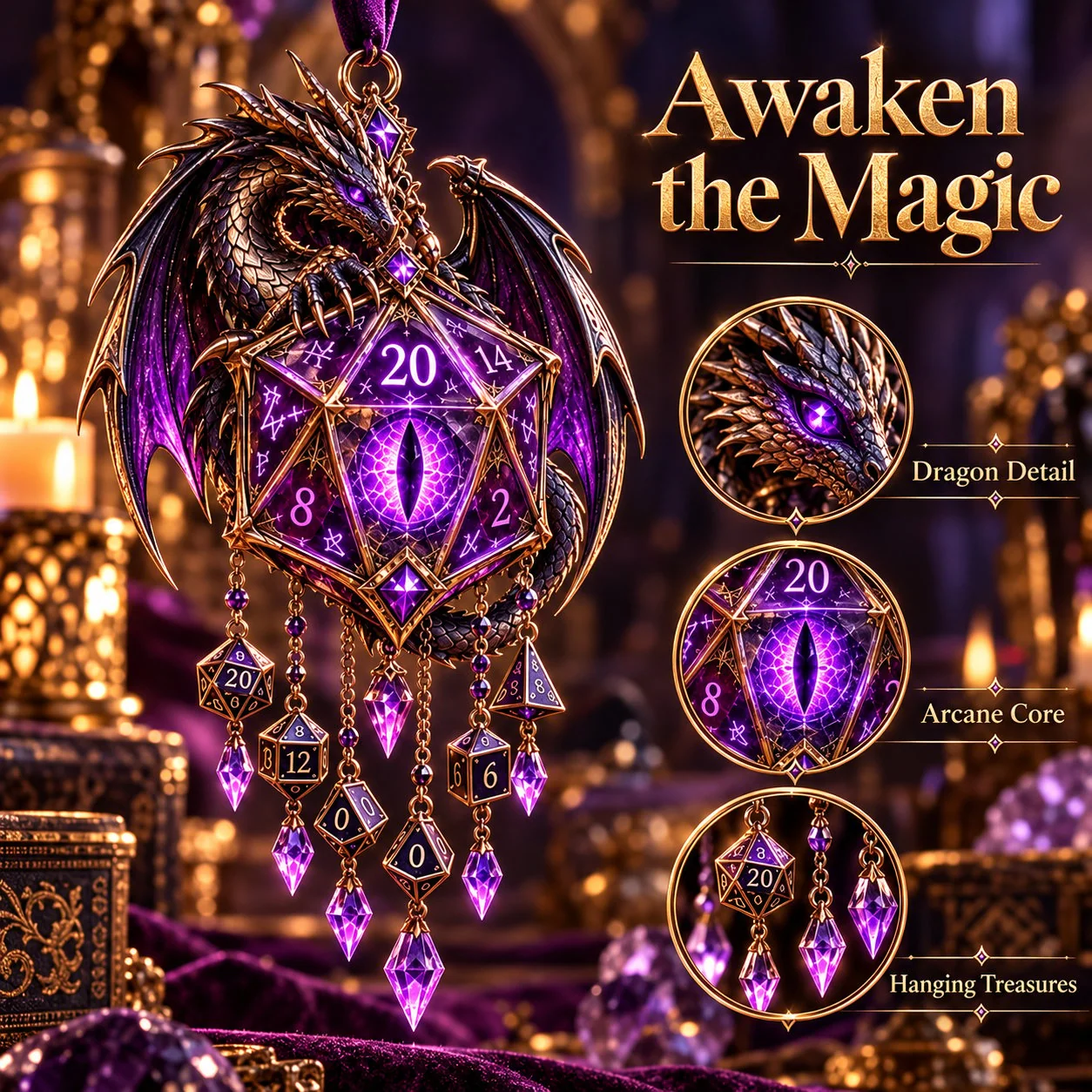 Glow dragon hanging wind chime with illuminated center, dice and crystal-style charms